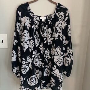 Charter Club Black White Floral Sheer Blouse Tie Neck Pintuck Plus Size 2X Tunic